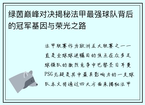 绿茵巅峰对决揭秘法甲最强球队背后的冠军基因与荣光之路