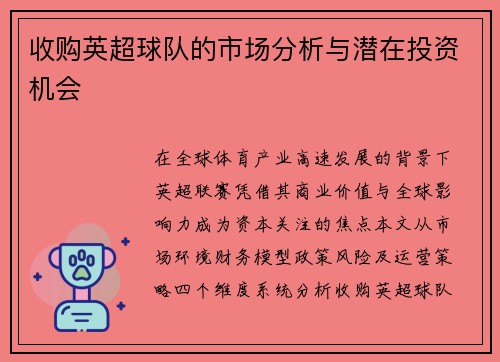 收购英超球队的市场分析与潜在投资机会