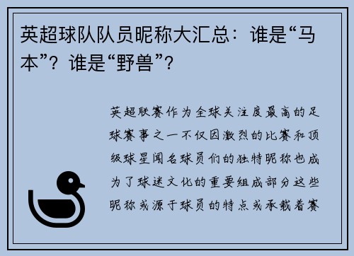 英超球队队员昵称大汇总：谁是“马本”？谁是“野兽”？